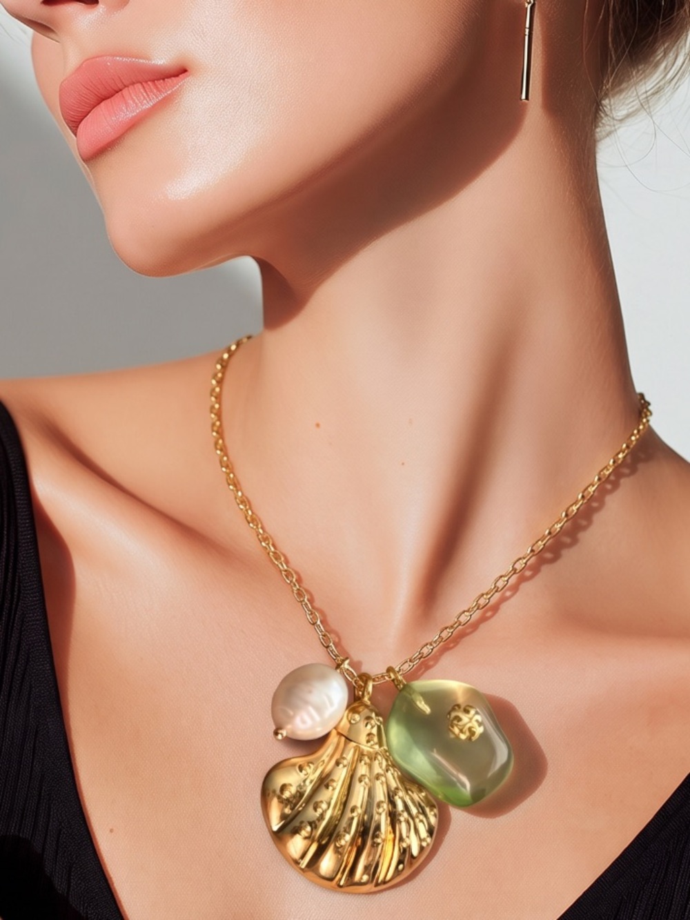 Tori Burch Gold Seashell/Green Glass/Pearl Charm Pendant Necklace.
